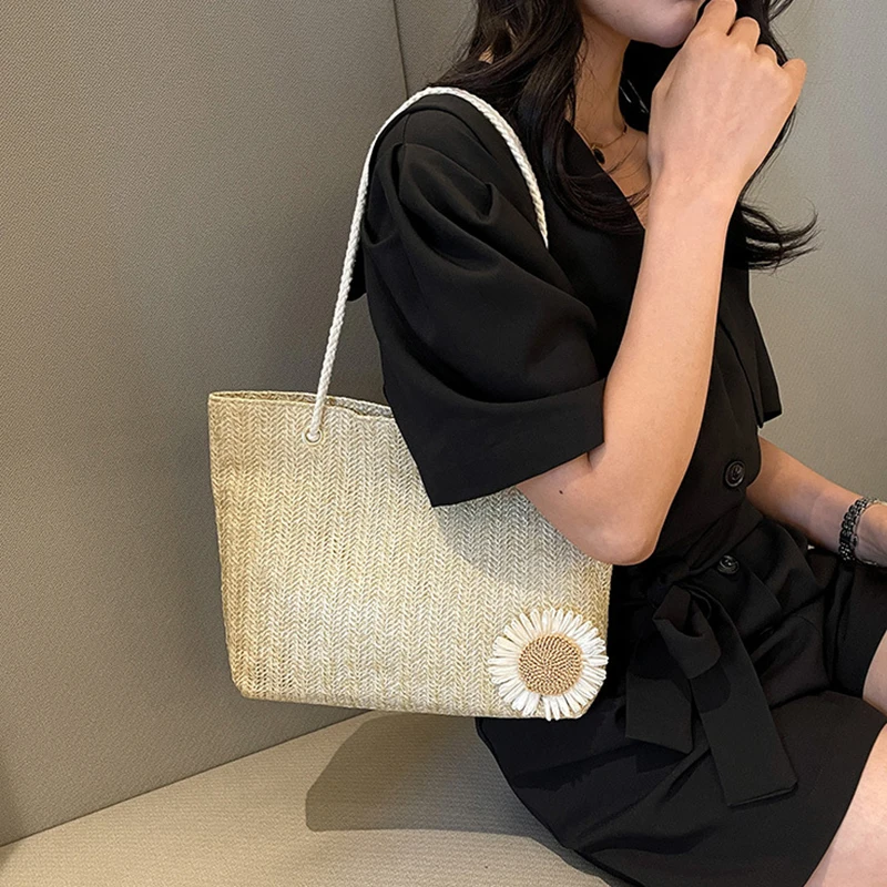 Women Straw Shoulder Bag Large Capacity Tote Bag Hand-woven Handbag Fashion Summer Beach-Bag Ladies Trendy Underarm Bag