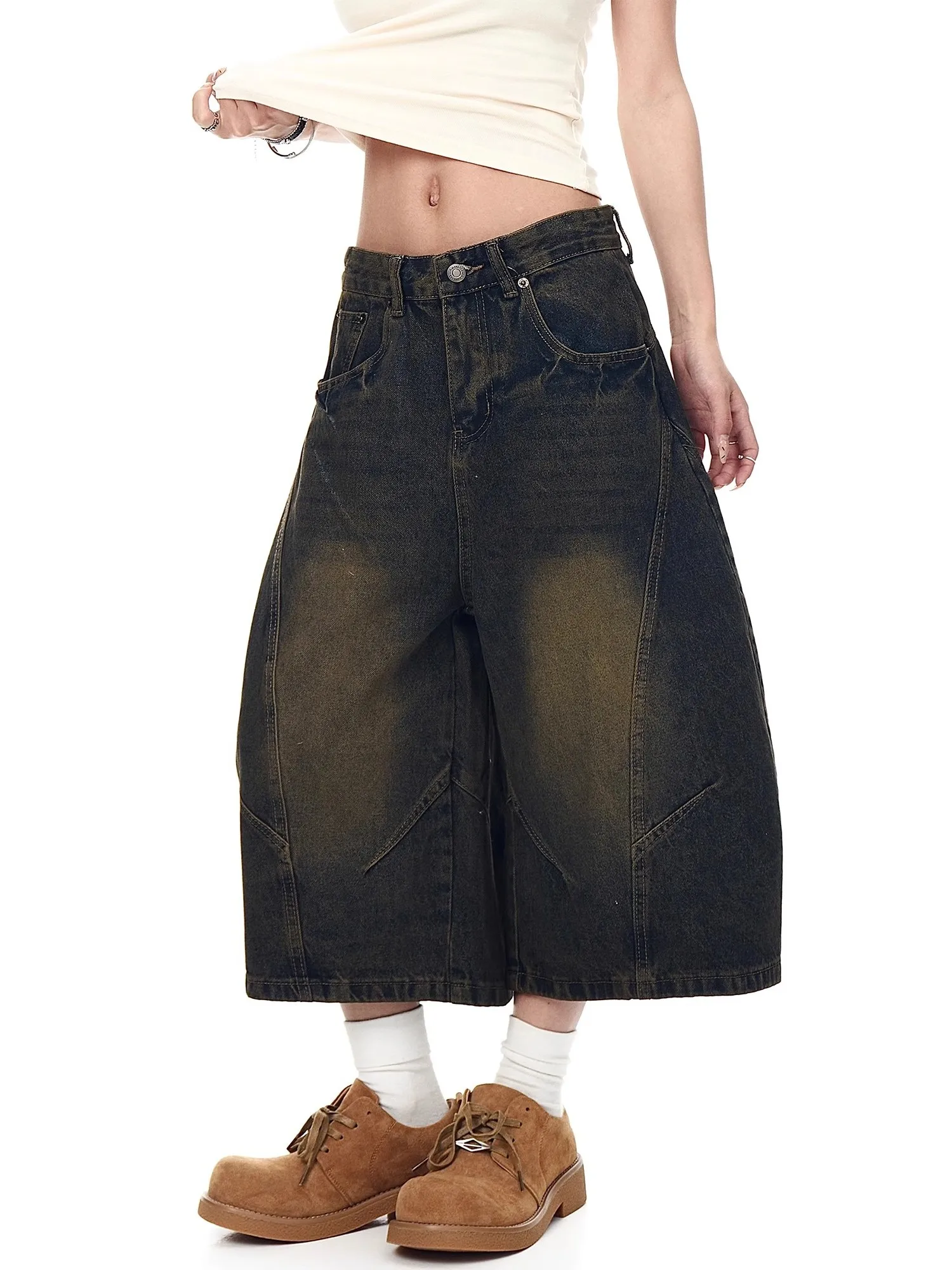 

Retro American Waed Denim ort Pants Men's Wide Leg Seven-Foot Casual Jeans Youth Trendy Wear Resistant Multi-ket Middl...