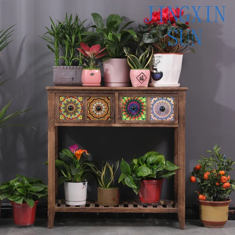 American style retro solid wood flower rack storage rack, balcony flower rack, living room, floor standing long strip table