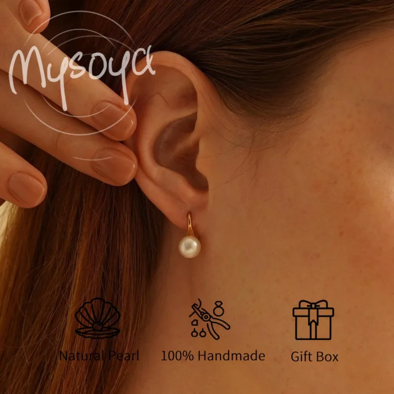 

MYSOYA White High-Heeled Pearl Ear Hook 7-8mm Freshwater Pearl Earrings A Gift Box Birthday/Wedding/Christmas Gift For Her/Him