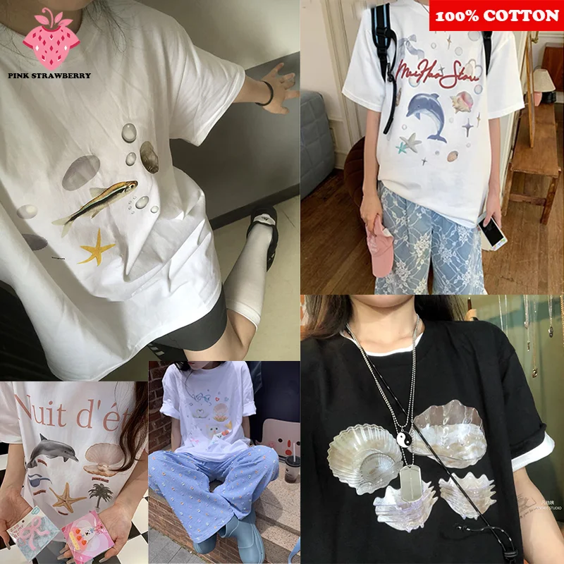 

Underwater animal Pattern printed T-shirt Women's Summer 2025 New 100%Cotton Fashion Casual Round Neck Short Sleeve T-shirt Girl