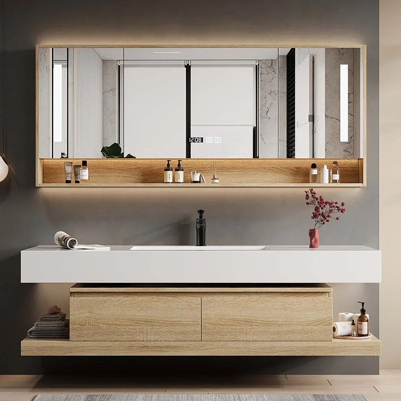 Log wind bathroom cabinet combination rock slab seamless ceramic integrated basin bathroom cabinet hand washbasin customization