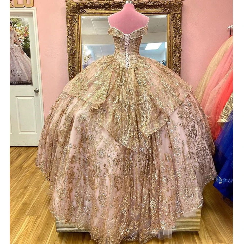 Vestidos de quinceañera dorados, vestido de baile con escote Corazón, apliques hinchados, 16 vestidos, 2022