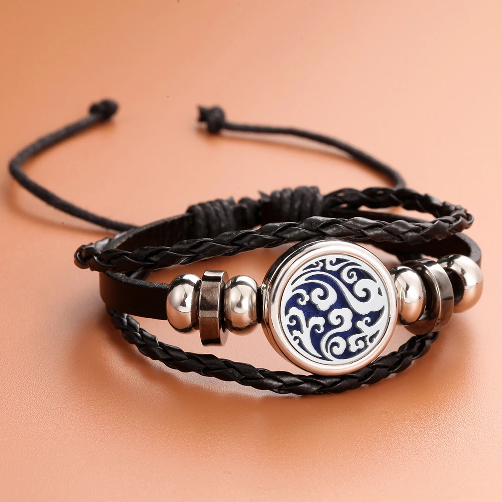 Black Leather Aromatherapy Bracelet Bangle Adjustable Leather Bracelet Perfume Essential Oil Diffuser Bracelet Locket Jewelry