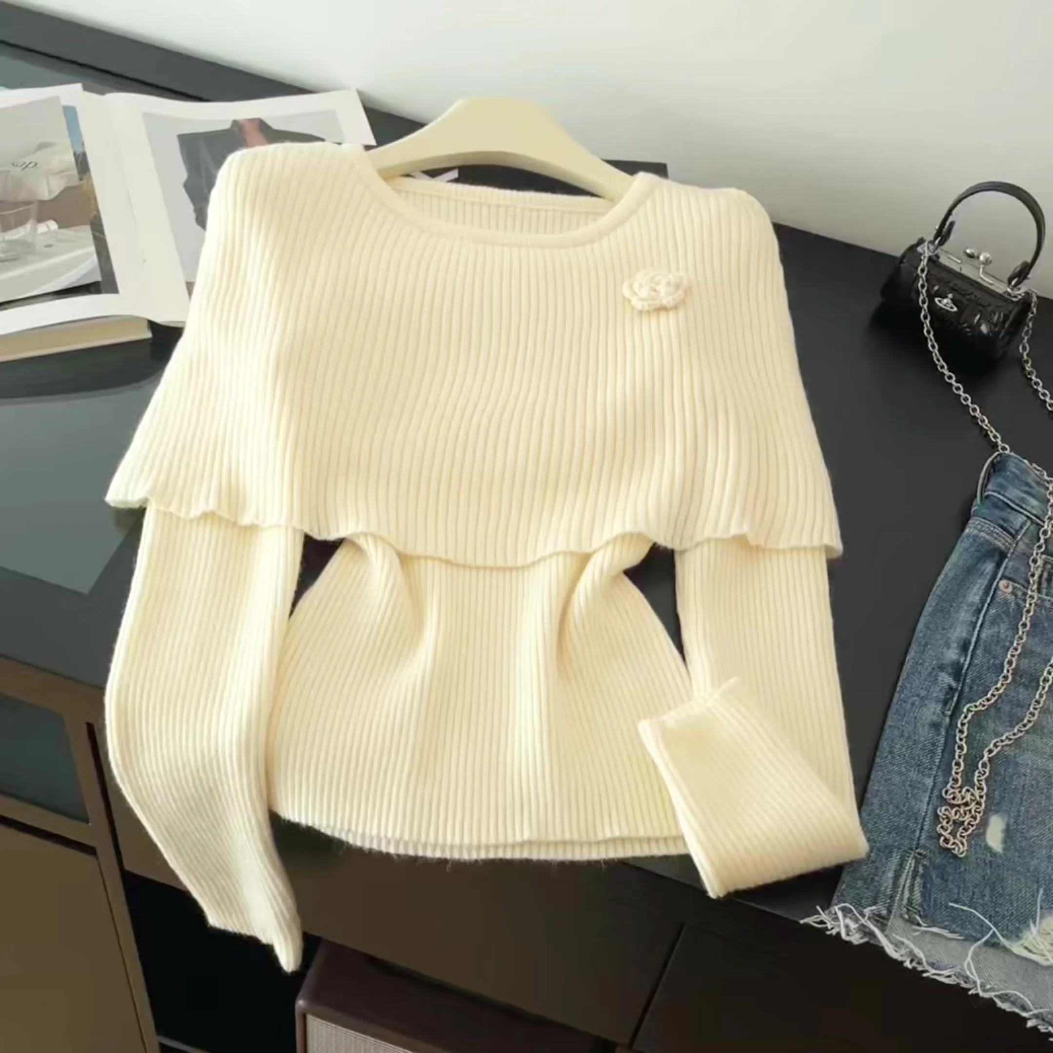 

Women Apricot Pullover Sweater Vintage 2000s Jumper Knit Long Sleeves 3D Floral Cashmere Sweater For Women Spring Autumn Clothes