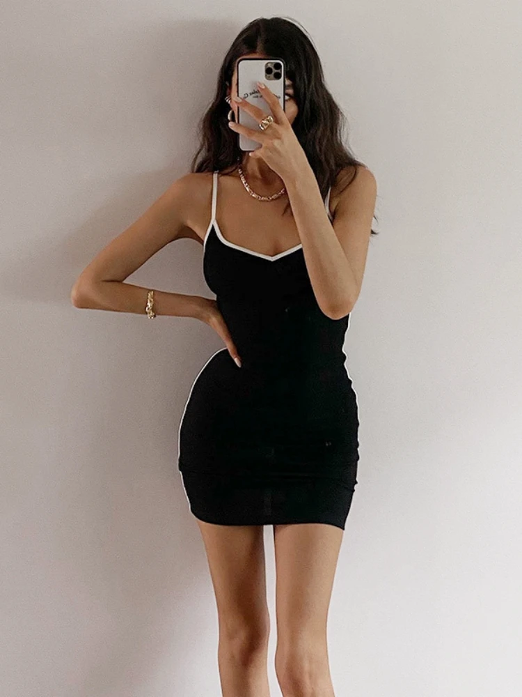 White Straps Mini Dress For Women Club Outfits Black Vestidos Feminino Bodycon Dress Sexy Streetwear One Piece Y2k Clothes