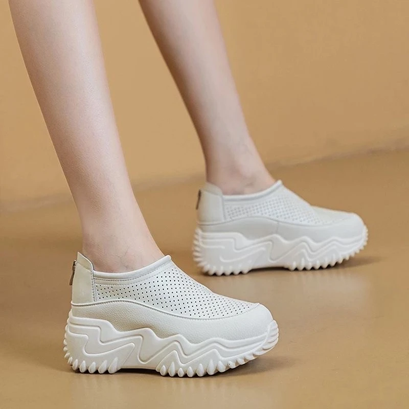 Zapatos vulcanizados huecos para mujer, zapatillas de plataforma con cremallera, zapatos cómodos para caminar y trotar al aire libre, otoño