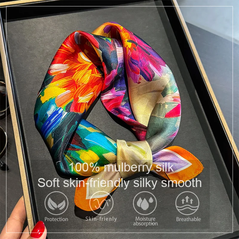 

Luxury 100% Mulberry Silk Scarf Women Oil Floral Print Bandana Shawl Lady Neckerchief Handkerchief Female Decorative Wrap 53cm