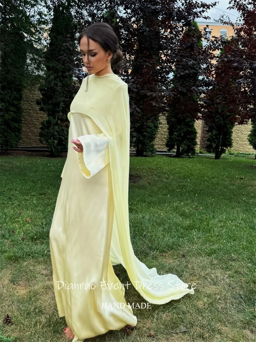 Dianruo 버터 옐로우 케이프 슬리브 이브닝 드레스 drapd 라운드 넥 파티 가운 우아한 쉬폰 vestidos formales 맞춤형