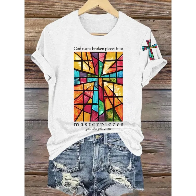 

2026New Women's Faith Print T-Shirts Casual Short Sleeve O Neck Tops Summer Tees Fashion