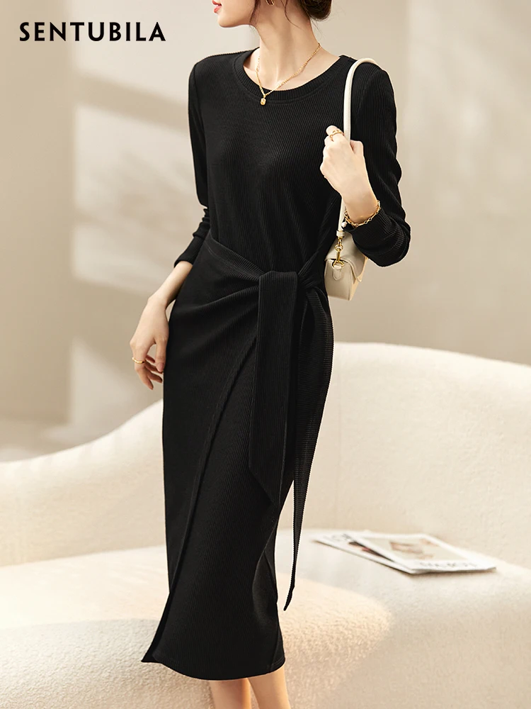 SENTUBILA Black Split Knitted Dress for Women Knitwear 2024 Autumn Fall High Quality Elegant Tie Belt Midi Slit Dress Q23L45144