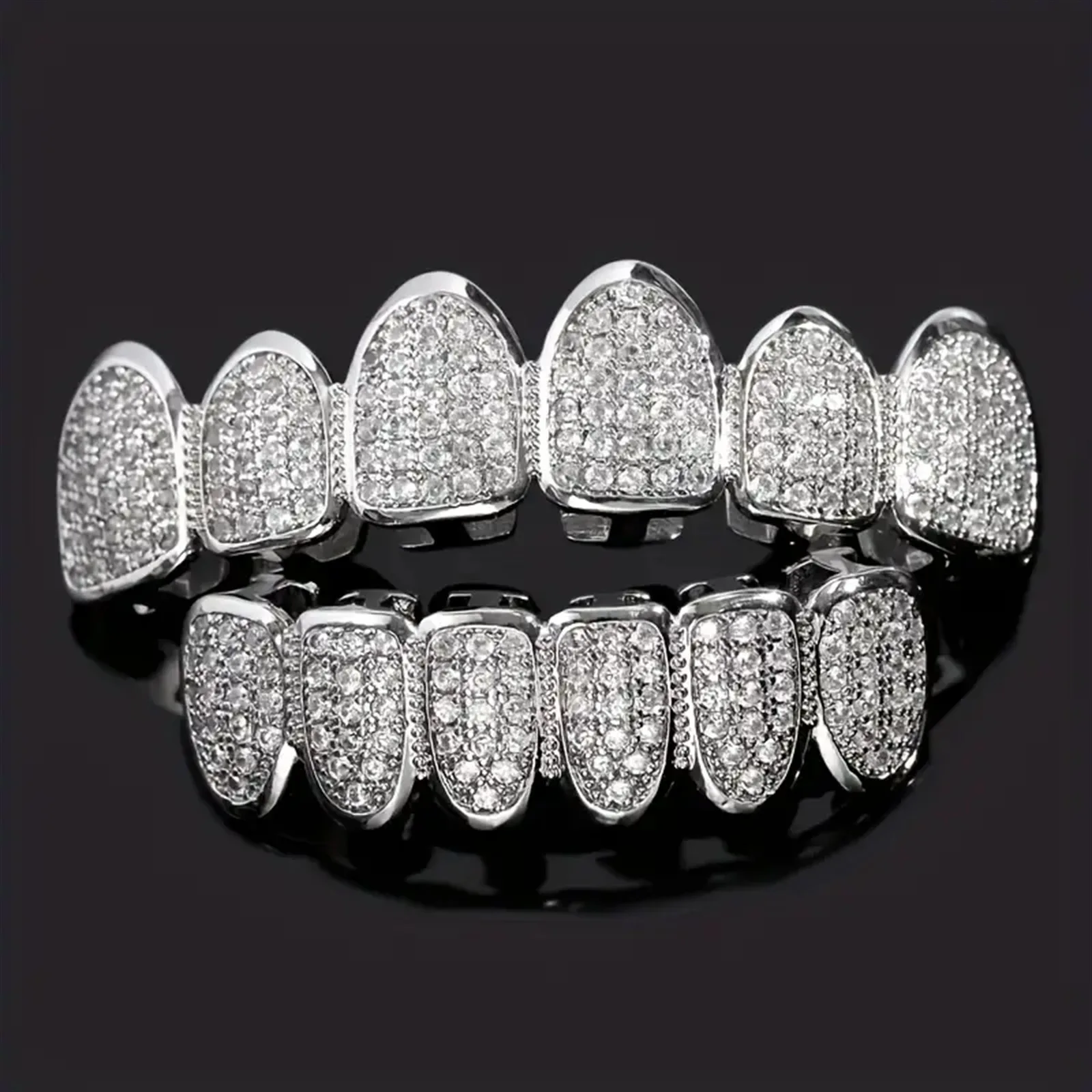 Fit Silver Plated CZ Teeth Set For Unisex Top Bottom Mouth Gold Silver Color Teeth Tooth Cap Removable HipHop Fashion Jewelry