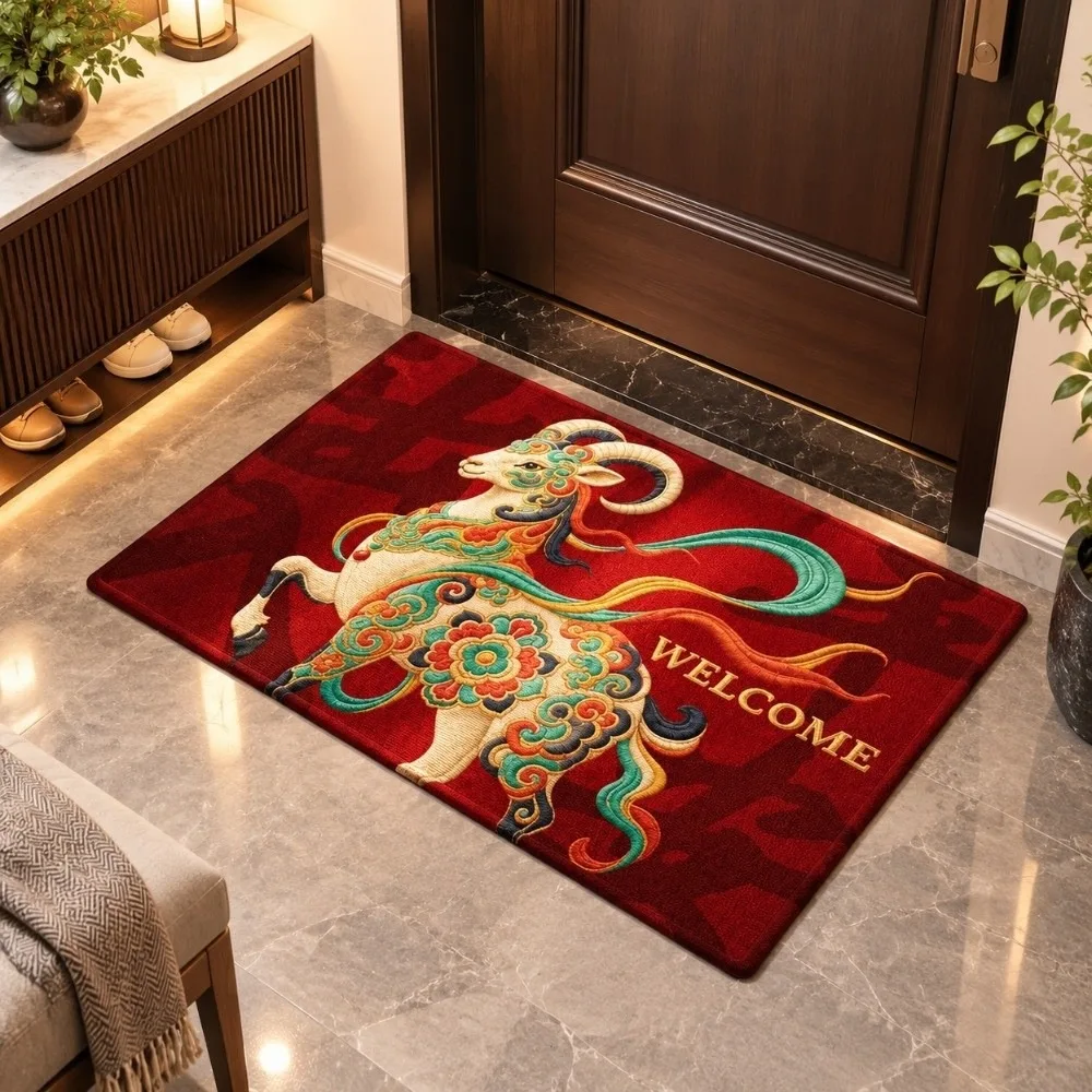 Chinese Style Zodiac Goat Floor Mat Blessing Words Anti Slip 2027 Lamb Door Mat Soft Lucky Year of The Sheep Mat New Year
