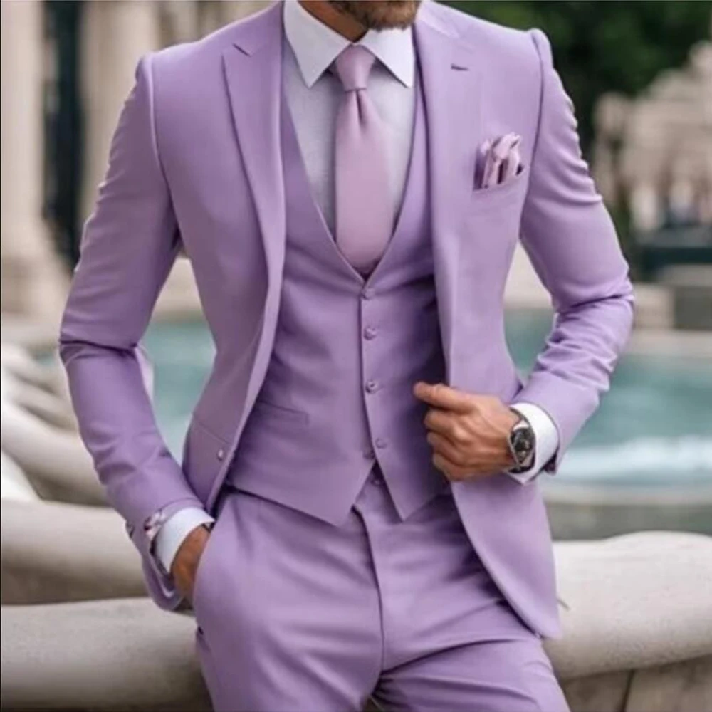 

Luxury Purple Wedding Suits for Men Single Breasted 3 Pieces Jacket Pants Vest Male Clothing Banquet Business Costume Homme