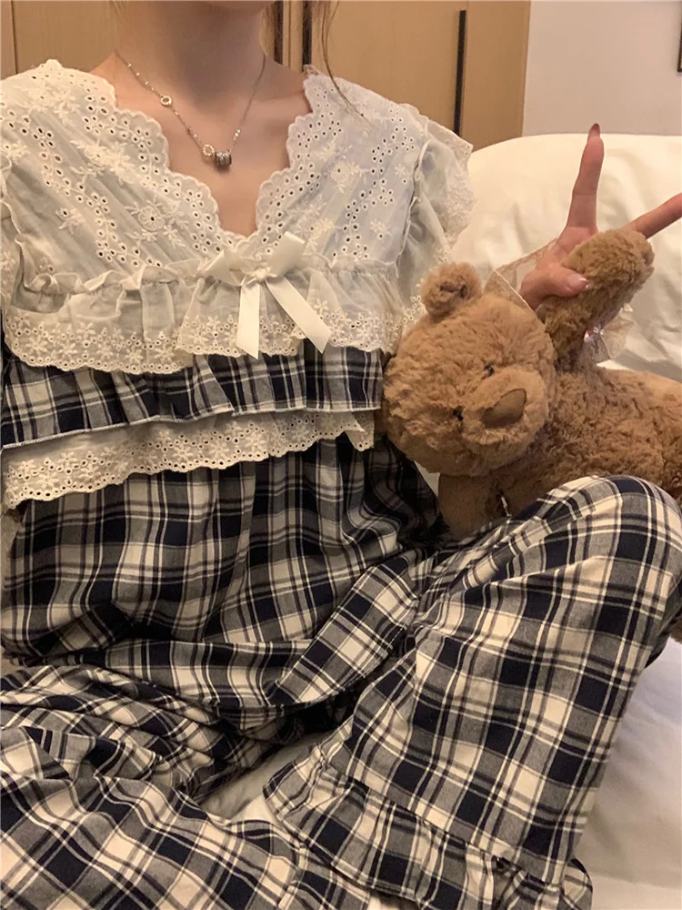 New Home Lovers Cotton Plaid Lace Cute Simple Long Sleeve Pajama Set Women Loose Princess Couple Sweet Elegant Warm Sleepwear