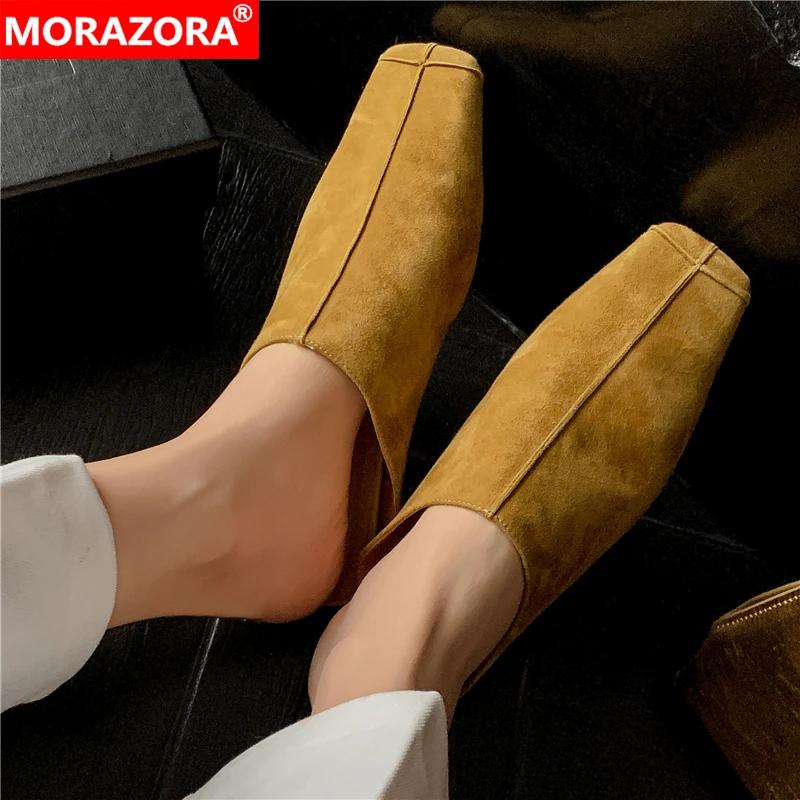 

MORAZORA Big Size 34-41 New Suede Leather Women Slippers High Quality Square Toe Pull On Women Mules Ladies Casual Outside Shoes