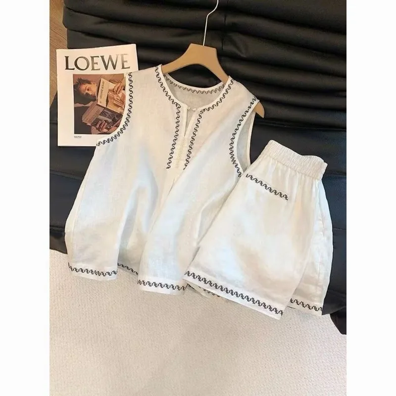 

Women Clothing Summer Fashion Casual Embroidered Solid Color O-neck Sleeveless Tops All-match Appear Thin Shorts Two-piece Set