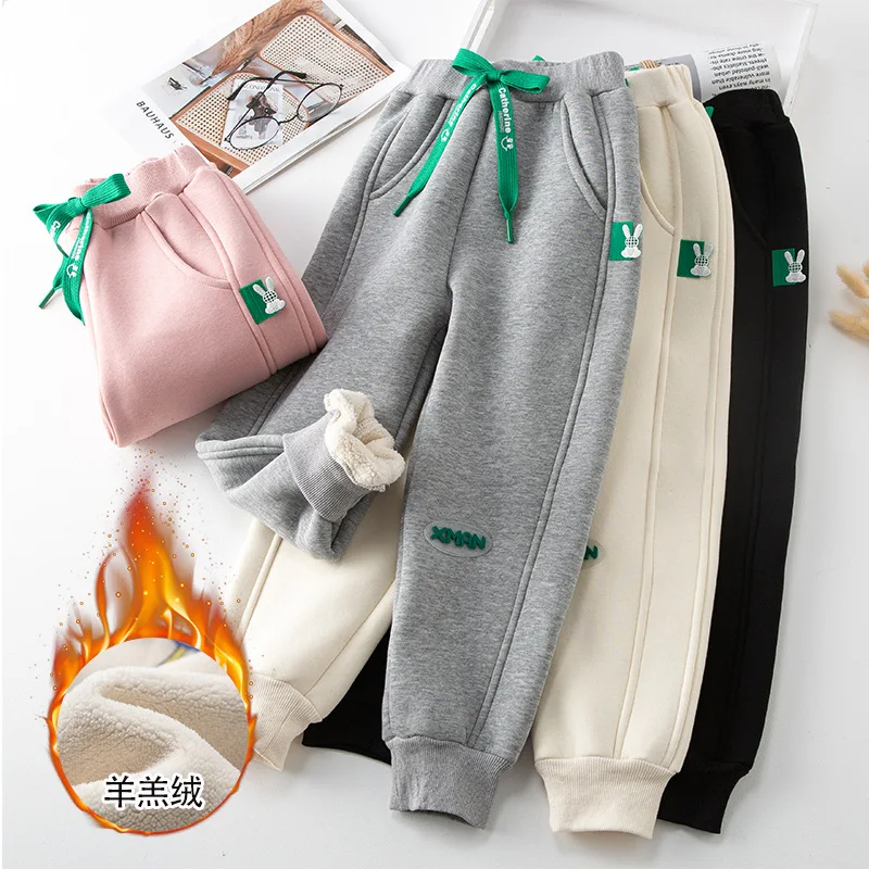 Children Sweatpants Winter Boys Girls Casual Sport Pants Thick Warm Lambs Wool Loose Pant Kids Winter Clothes 4-14 Year Trousers