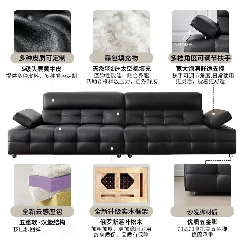 Кожаный диван первого слоя из воловьей кожи с высокой спинкой, прямой ряд, маленькая квартира, минималистичный светлый роскошный элитный черный диван