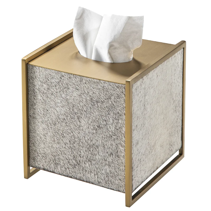 

Luxury red horsehair leather tissue box, high-grade metal square napkin storage