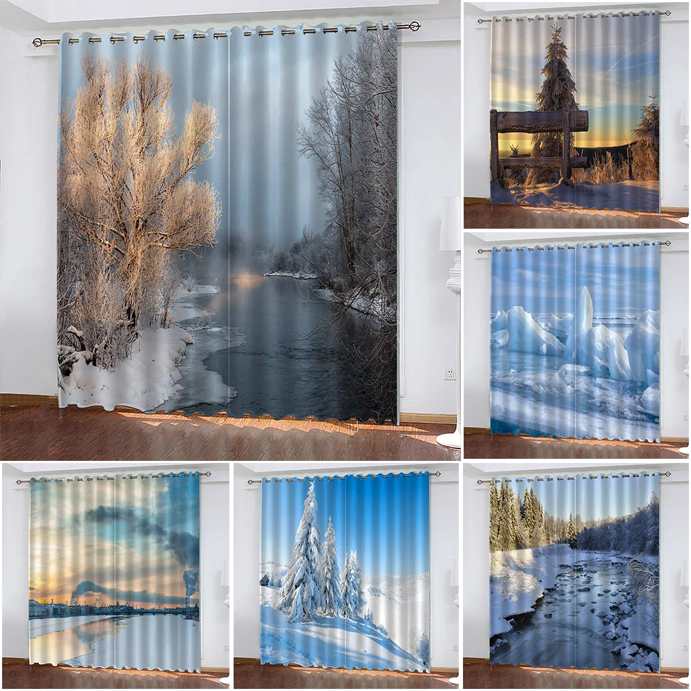 Cortina con estampado 3D de paisaje de invierno Para dormitorio, accesorios de gancho, Cortinas Para Cocina, Blackout