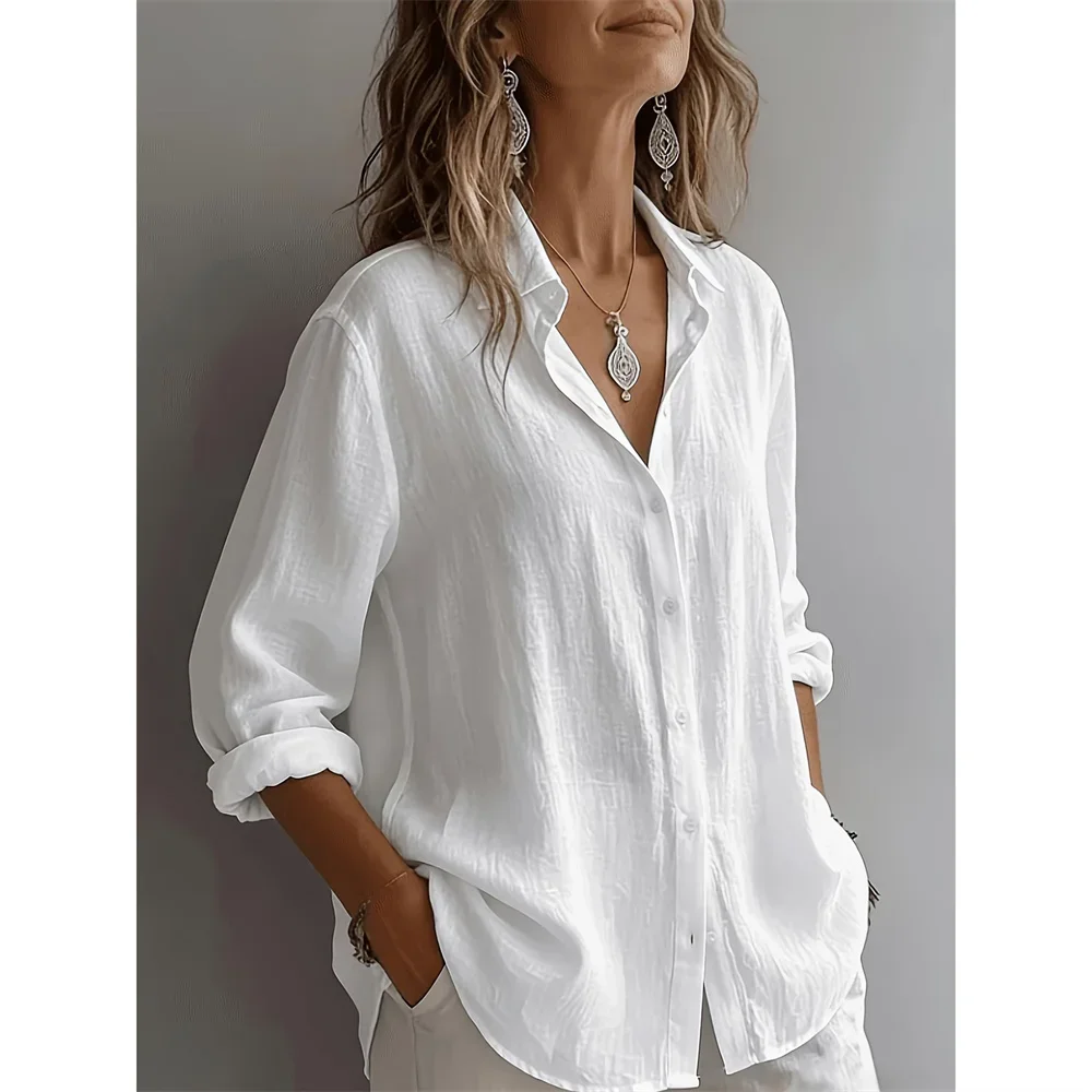 Damen Baumwoll-Leinen-Hemd, Oversize, leicht, atmungsaktiv, einreihig, lässig, mit Umlegekragen, langen Ärmeln, klassische Bluse – Detail 5