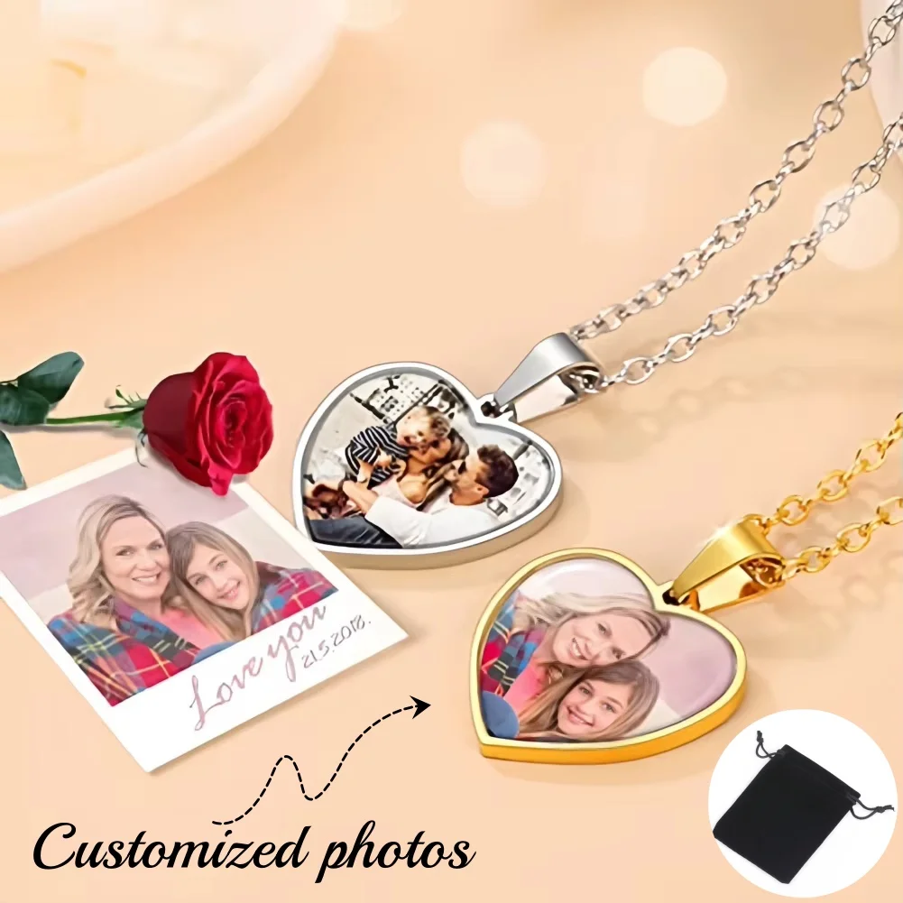 Customized Heart-Shaped Photo Necklace with Heart-Shaped Text Single-Sided and Double-Sided Necklace Stainless Steel Jewelry