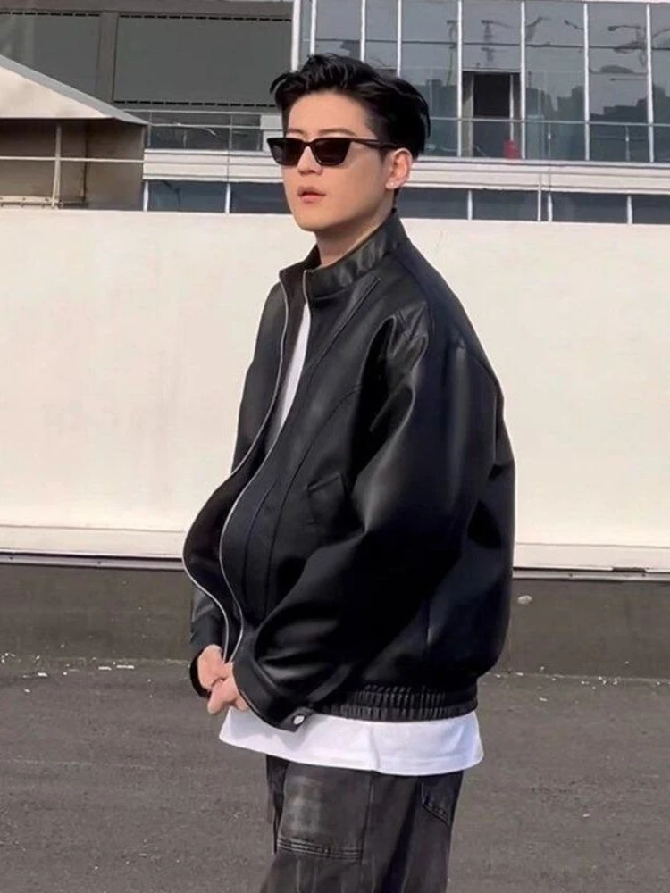 

High End Suede Leather Jacket Men's Seasonal Workwear Bomber Coat with Standing Collar Streetwear Design​