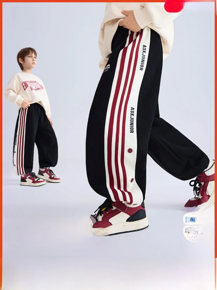ask-junior-boys'-sports-pants-2025-autumn-new-sle-wind-chasing-belted-straight-leg-cotton-blend-long-trousers-for-kids