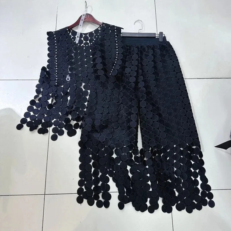 

Absgd 2025Fashion Women's Two-pieces Set Hollow Out Vest Top High Elastic Waisted Tassel Irregular Casual Pants Female