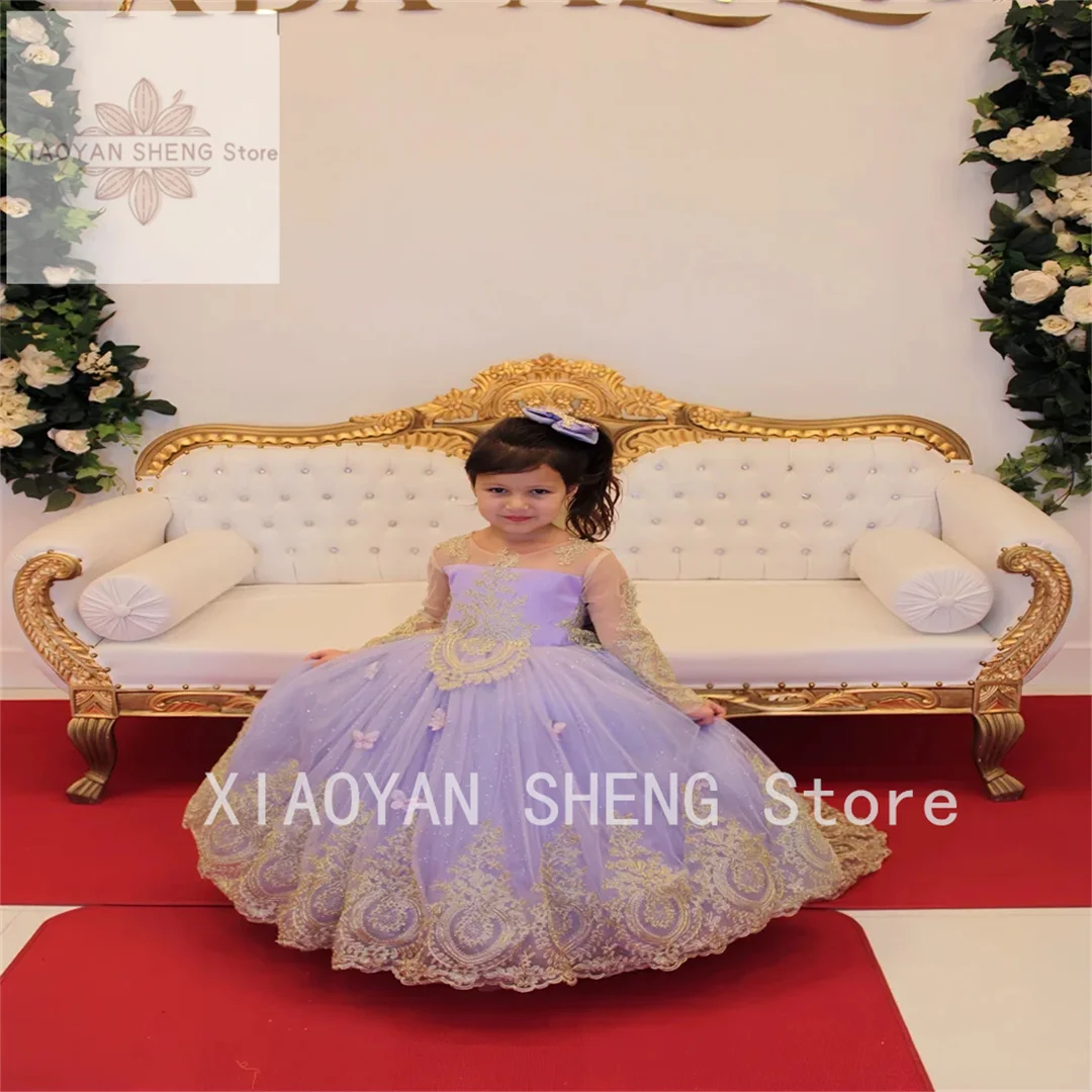 Lavender Girls Pageant Flower Girl Dress Ball Gown Tiered Illusion Sleeves Children Birthday Lace Ruched Little Kids Photography