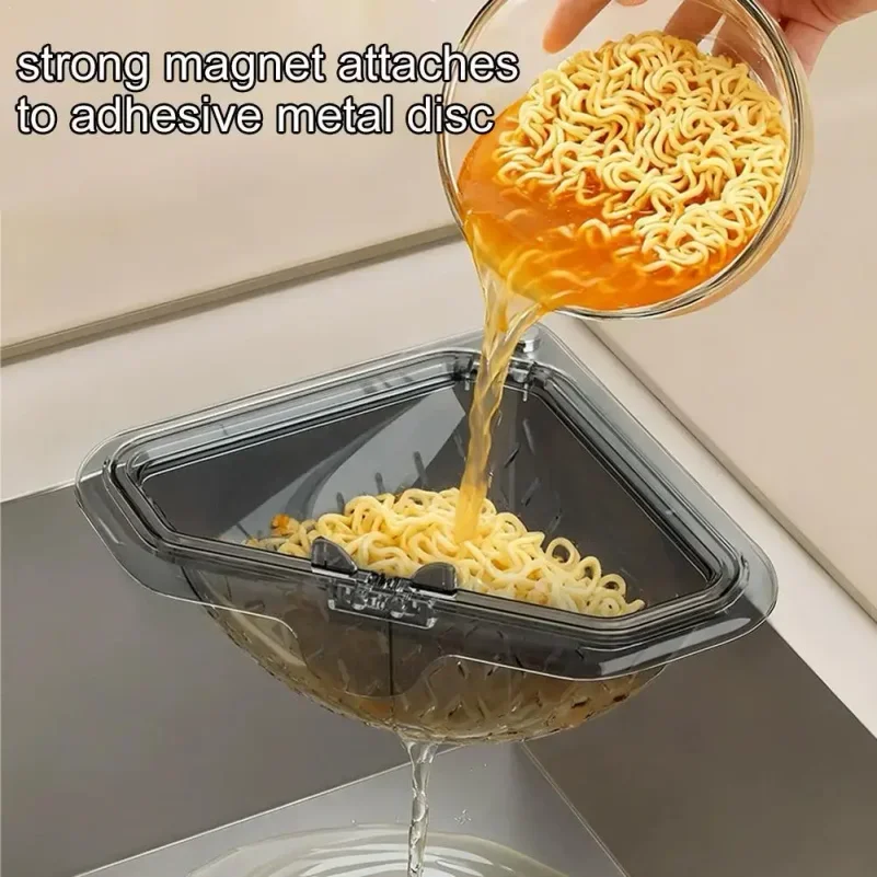 Magnetic Triangular Sink Drain Basket, No-Drill Hanging Food Catcher Strainer for Kitchen Corner