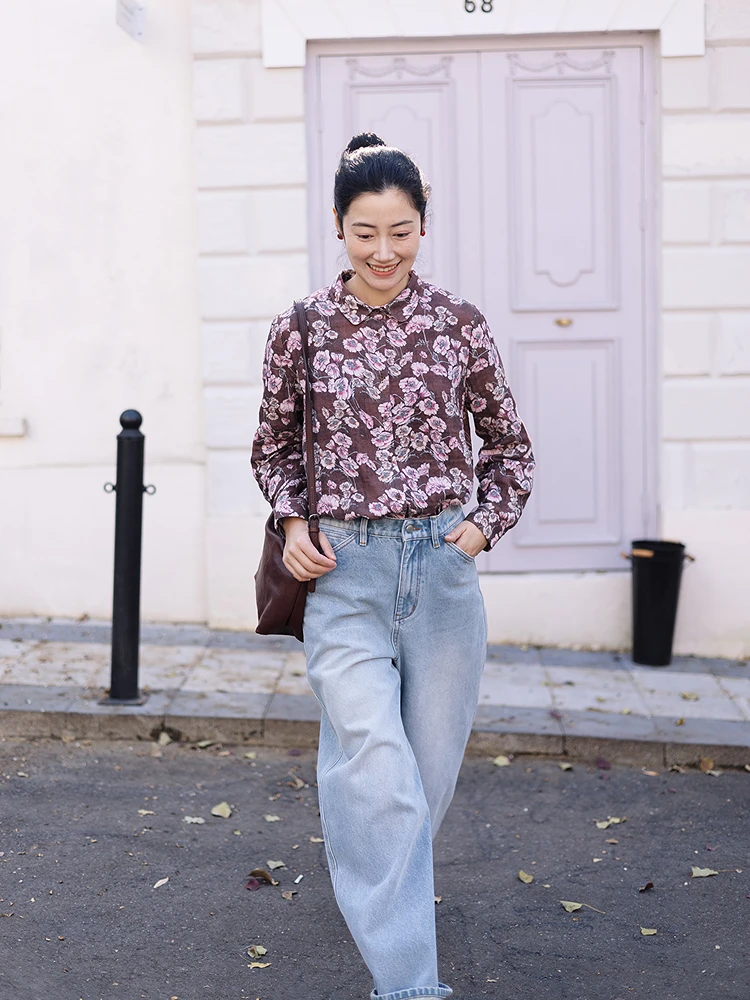 

Blossom 029 Bloom Right Away Floral Print Long Sleeve Cotton Shirt Women's Spring Casual Loose Fit Breathable Comfortable