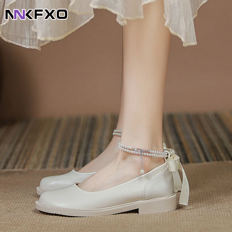 Spring Women's Shoes Fashion Breathable Flat Shoes Round Toe Bow Pearl Mary Jane Single Shoes