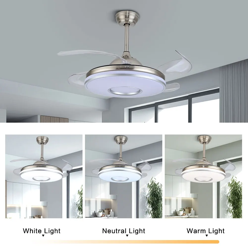 OUKANING-Modern Retrátil Teto Fan Light, CCT Dimmable, Remote LED Chandelier