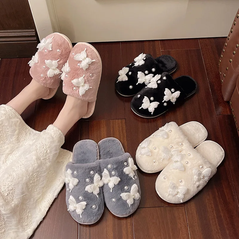 

Korean Version Pearl Butterfly Headband Wool Slippers Couple Style Home Soft Sole Cotton Slipper Winter Anti-slip Cotton Slipper