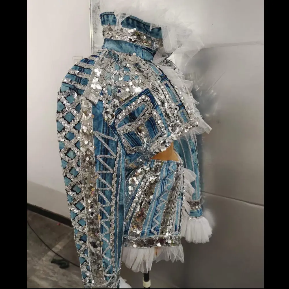 Veste en jean à paillettes brillantes pour femmes, gaze blanche, vêtements de défilé de mode sexy, costume de chanteur de scène, vêtements de club de fête, 2 pièces