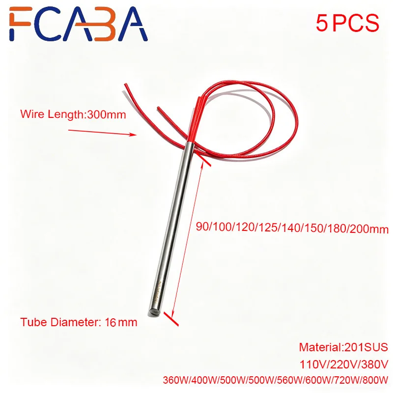 FCABA Mould Electric Heating Rod 201SUS 5PCS 16mm 90~200mm Tubular Heater Industrial Heating Element 110V/220V/380V Customize