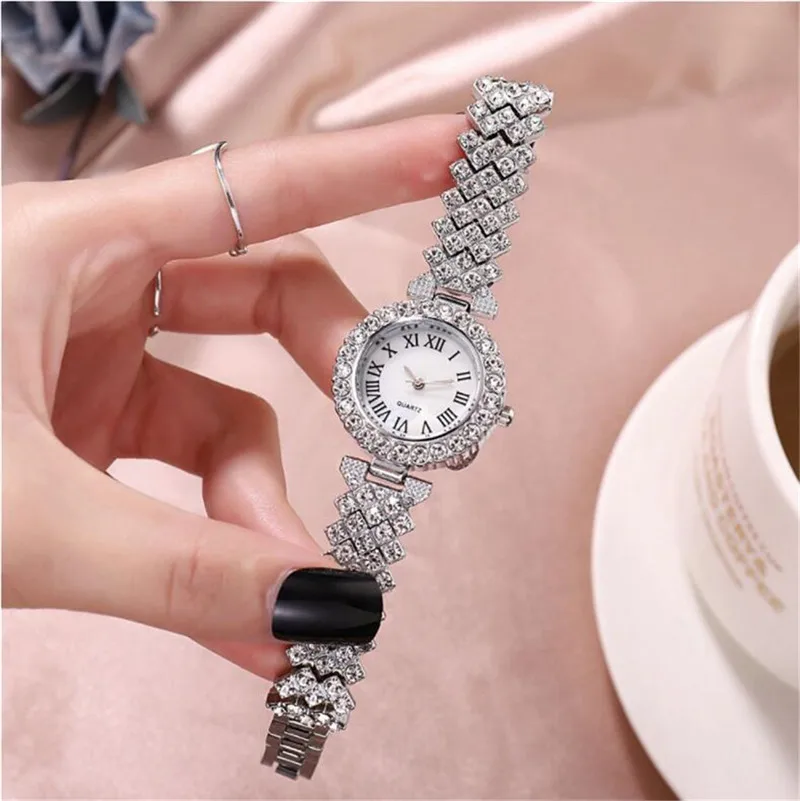 2PCS/Set Women\'s Watch Fashion Rhinestone Roma Dial Quartz Watches Stainless Steel Band Wrist Watch Bracelet Set