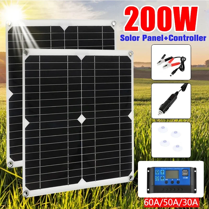 200W Flexible Solar Panel Waterproof Poly Solar Panel with 30A/50A/60A Solar Controller for Mobile Phones Car RV Hiking Camping