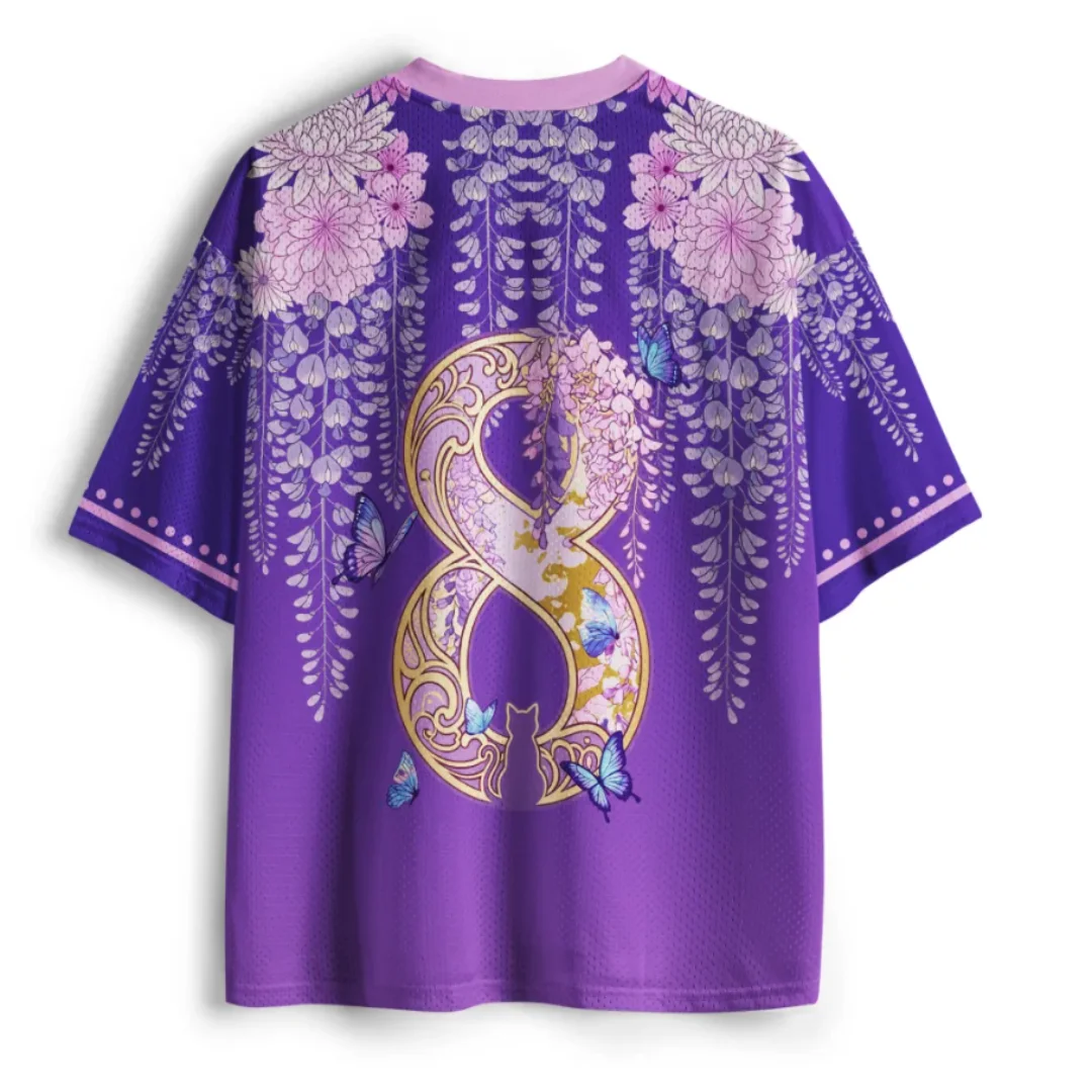 3D Printed Japanese Wisteria Black Cat T-shirt Breathable Mesh V-neck Short Sleeved Purple Pink Butterfly Retro Top