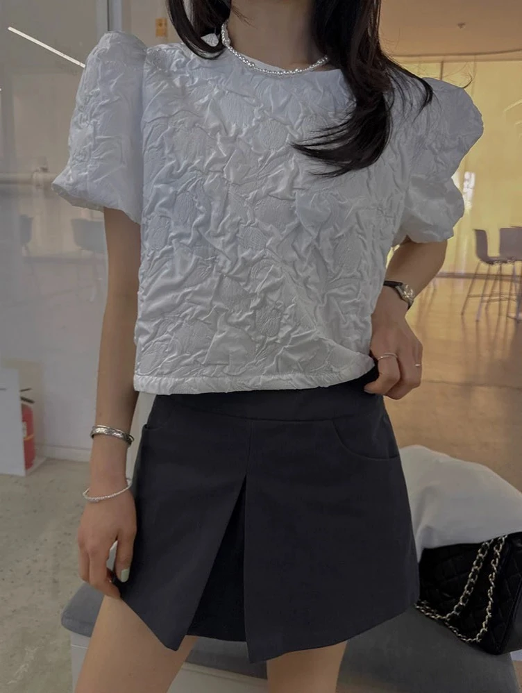 

Casual Loose Women's Shirt Bubble Sleeve Short Length round Neck Hollow out Button up Top Fashionable Age Reducing Cotton Pol...