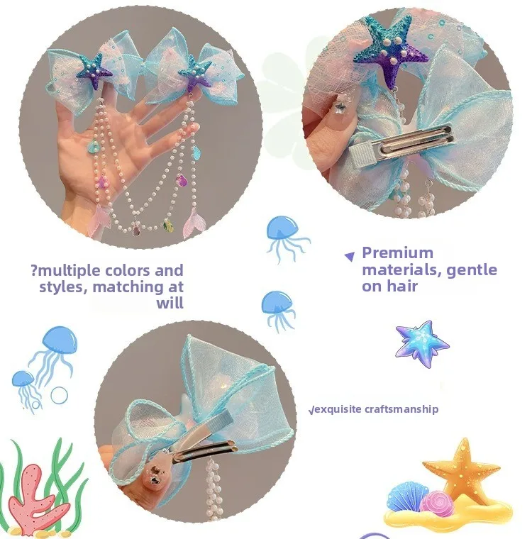 1Pcs Meerjungfrau Hime Bogen Strap Haar Clip Fee Air Mesh Sea Star Shell Dekoration Kinder Prinzessin Haar Zubehör Party haarspange – Detail 3