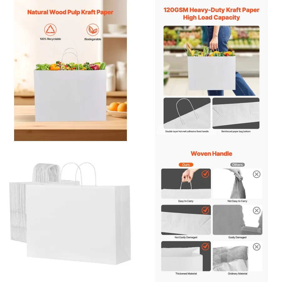 

Kraft Paper Bags with Handles 50Pcs 16x6x12 in Party Shopping Retail Bag White