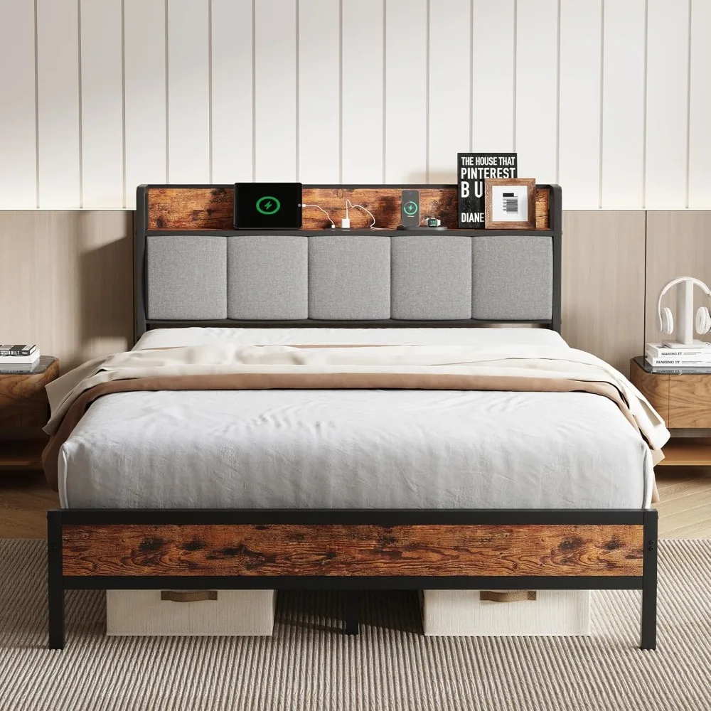 

Queen Size Bed Frame with Charging Station USB/Type-C & Storage Headboard, Easy Assembly, Heavy Duty Slats Support, Noise Free