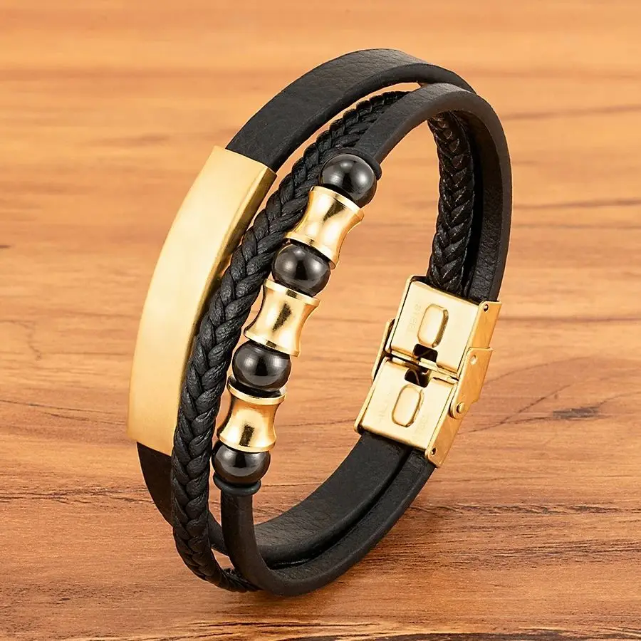 XQNI Stainless Steel Bracelet Men Magnetic Punk Black Leather Wristband Mature and Elegant Giving Bangle The Best Gift for Men