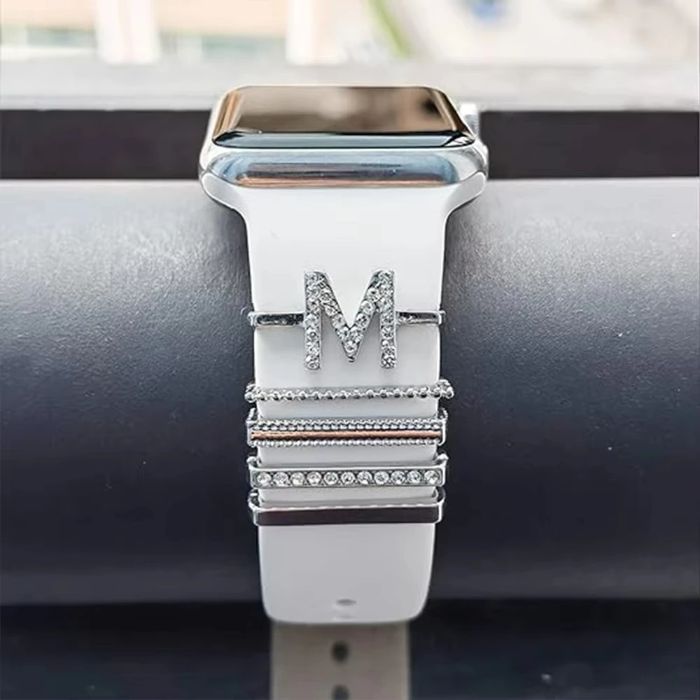 애플워치 밴드 시리즈 10 8 7 9 6용 데코레이션 링 5개, 삼성/화웨이 실리콘 스트랩 액세서리용 다이아몬드 주얼리 참