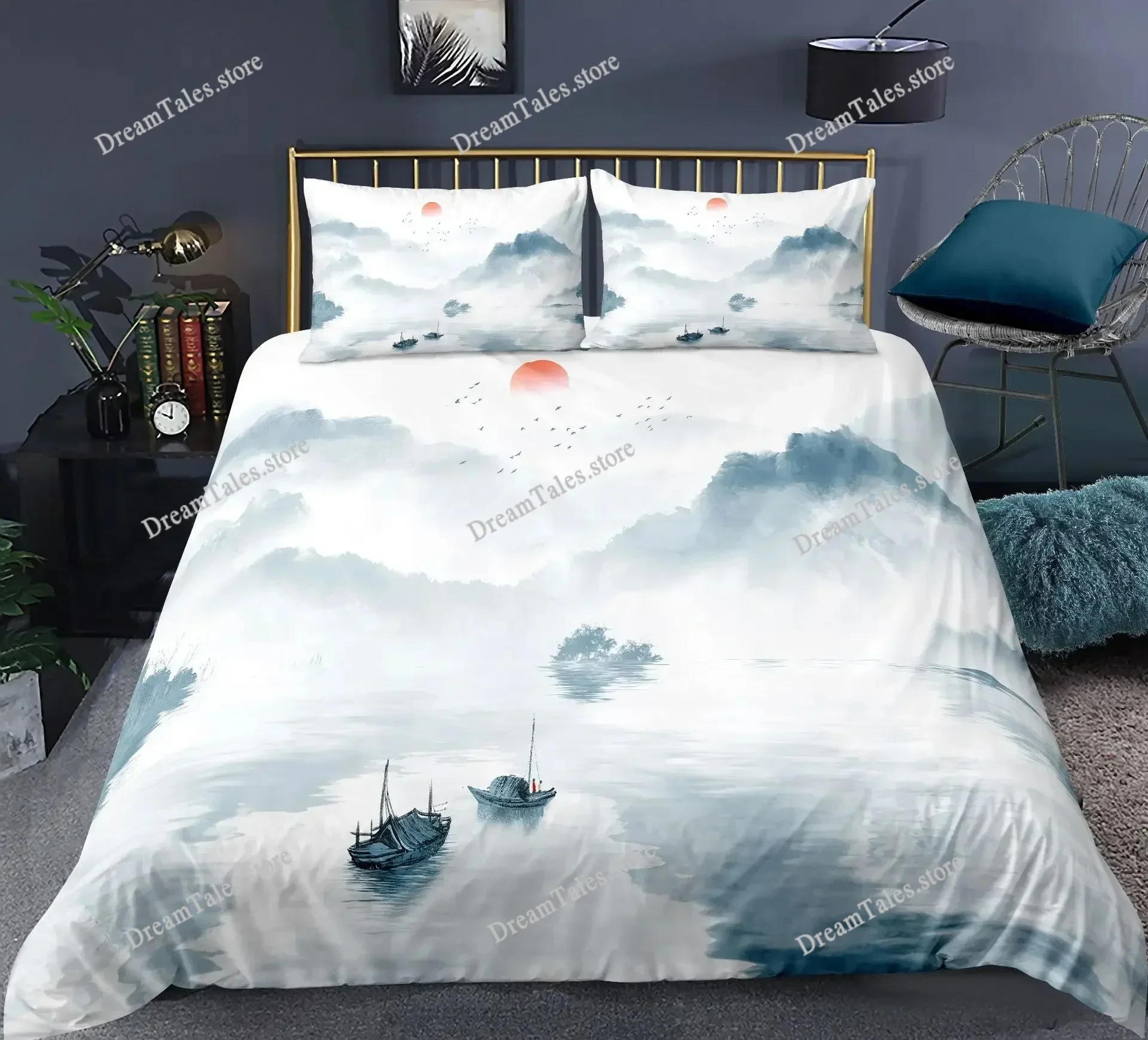 

Nature Landscape Duvet Cover KingQueen Size,Chinese Ink Painting Style Bedding Set Mountain River Polyester Quilt Cover741