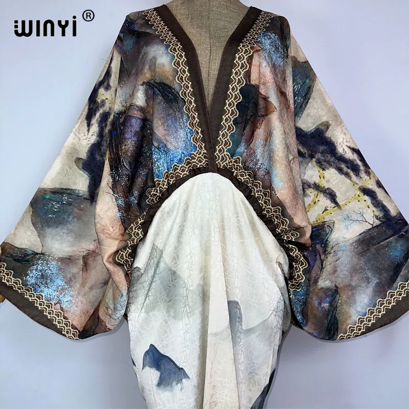 WINYI Bohemian Summer Beach Dress High Quality Double Sided Boho Printing Elegant silk maxi dress Women Evening party kaftan