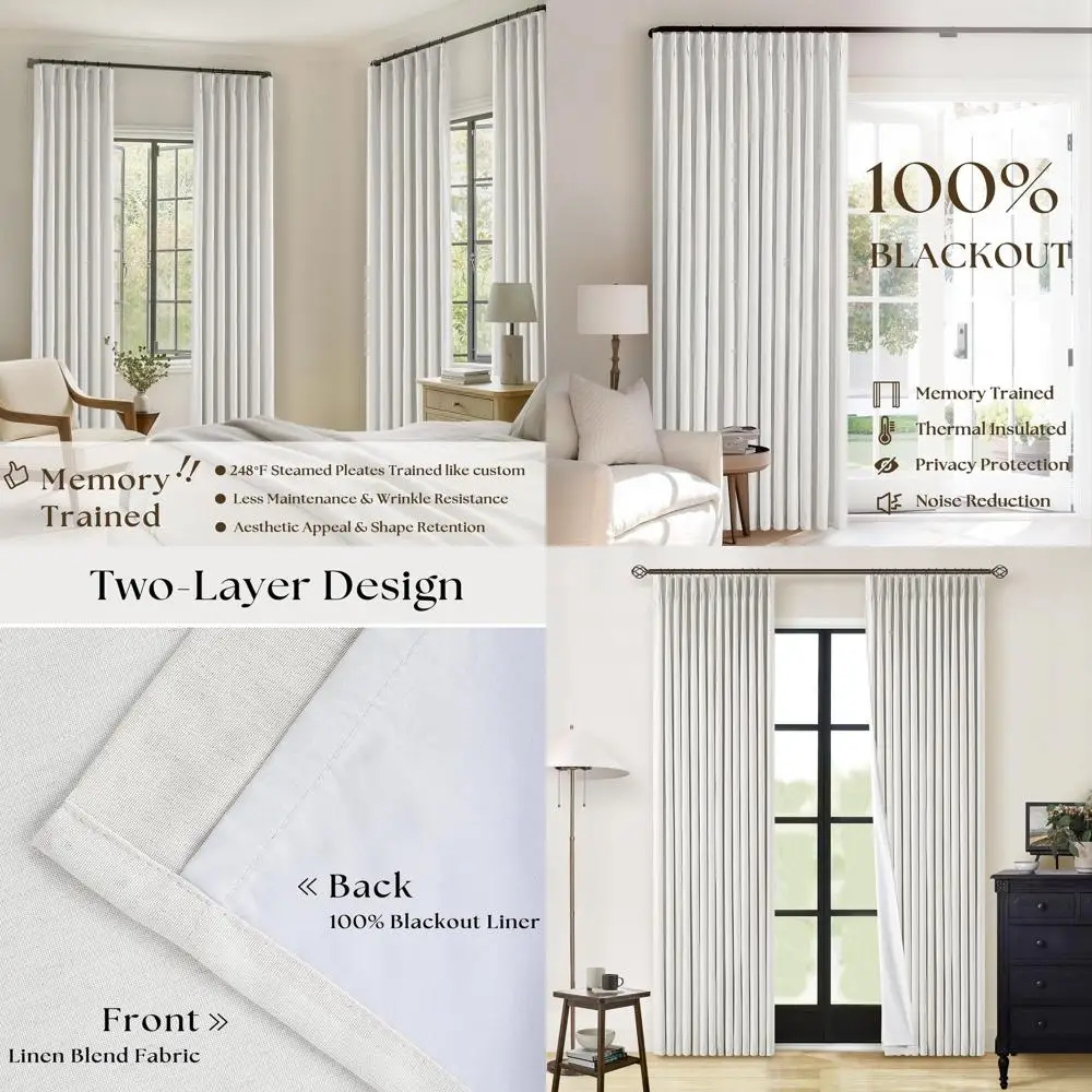 

Плиссированные льняные шторы, 84 дюйма, бежевые, комплект из 2 панелей, светонепроницаемые, с термоизоляцией для гостиной и спальни